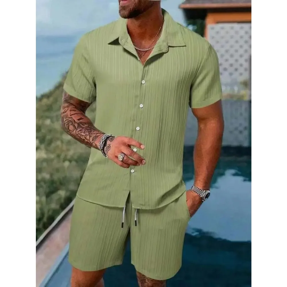 Men's Beach Suit Striped Solid Color Short Sleeve Shorts Shirt Sports Casual Breathable Lightweight High Quality Men's Wear Ins