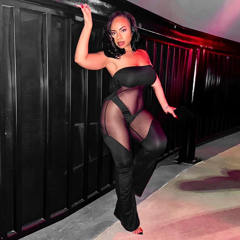 DSMTRC mujeres malla Patchwork abrigo pecho mamelucos ajustados Sexy ver a través de monos negros sin tirantes 2025 Coquette Midnight Clubwear