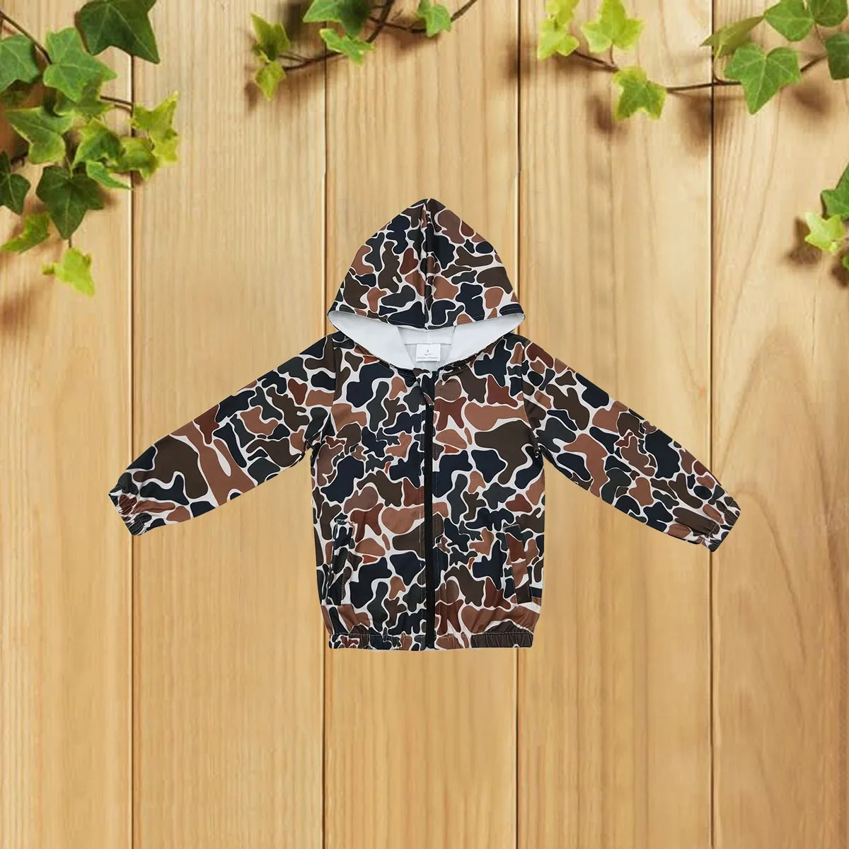 

10.25 Autumn Camouflage Long Sleeve Children's Top with Zipper Hood Brown Green Color Kids' Pullover for Fall Season
