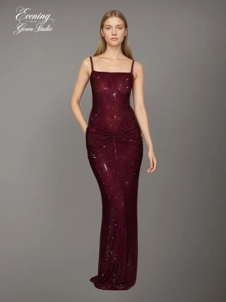 

Fashion Wine Red Diamond Elasticity Party Strap Dress Women's Slim Waist Flods Ankle-length Party Dress
