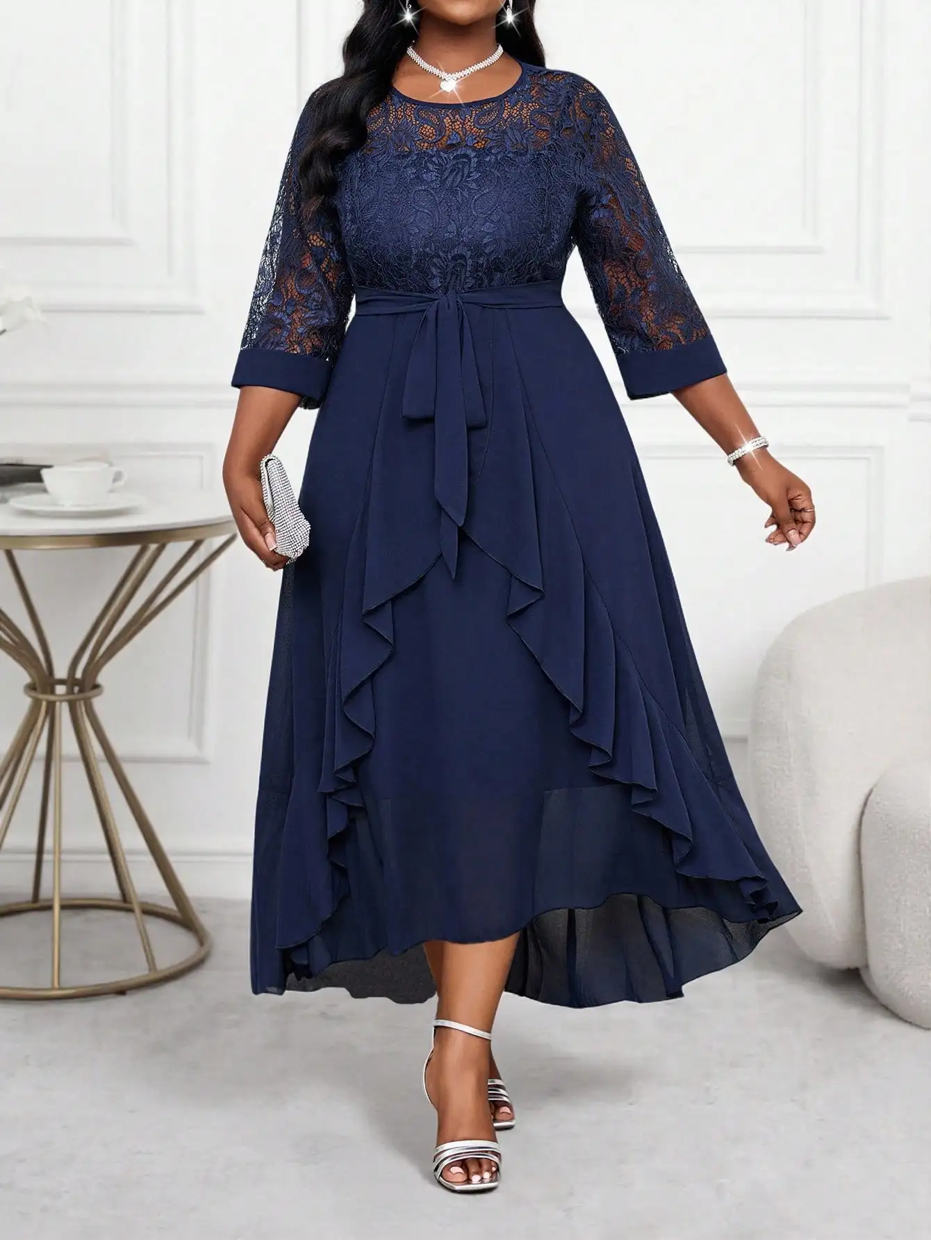 

Navy Blue Lace Top Ruffle Layered Midi Dress with Tie Waist