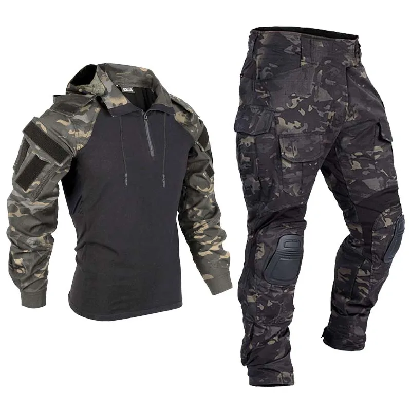 

Hiking Tactical Uniform Combat Shirt Men Clothing Camo Suit Wear Resistant Set Cargo Pants with Pad Hunt Airsoft Camping Clothes