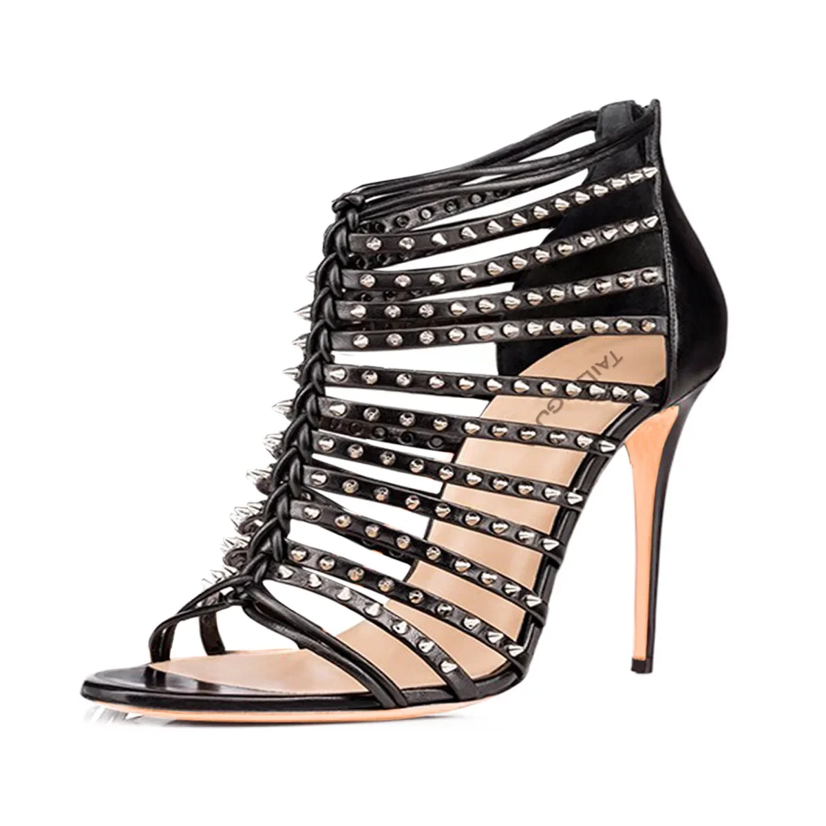 Black Leather Open Toe Sandals Studded Braided Stiletto High Heels Back Zipper Round Toe Women Shoes Sandalias Mujer Verano