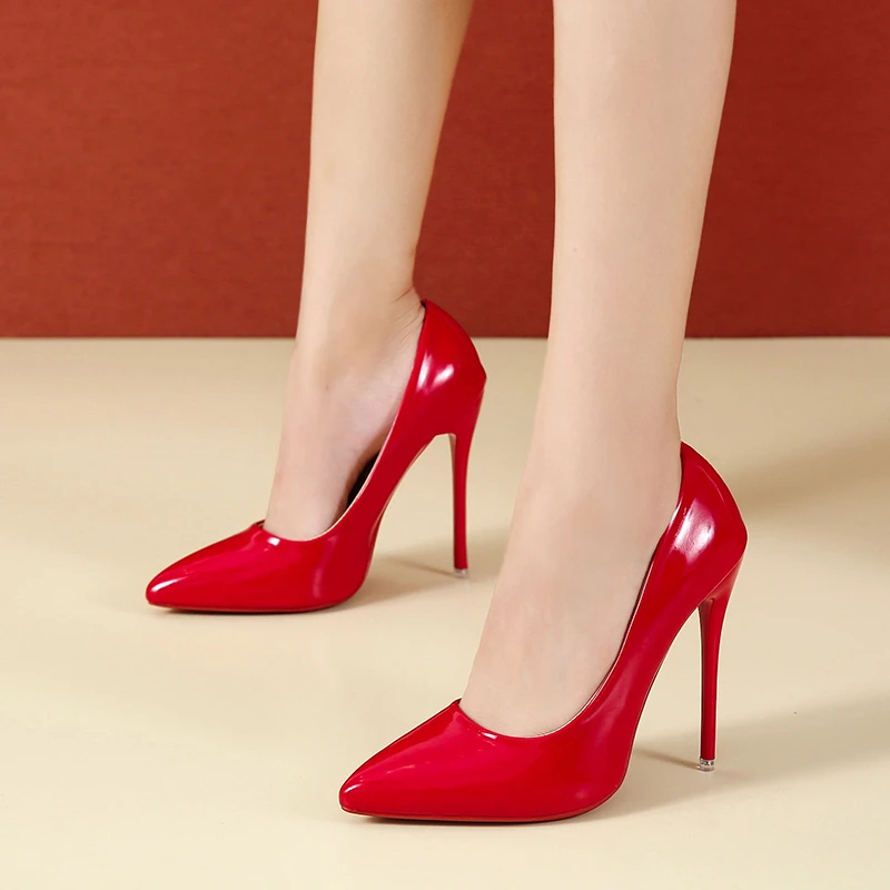 Women Shoes Super High Heels Sexy Pointed Toe Patent Leather Solid Color Slip-On Shallow Pumps Wedding Stiletto Shoe Office