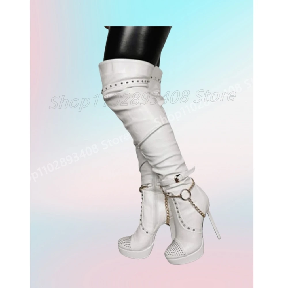 

White Crystals Metal Chain Decor Over the Knee Boots Rivets Platform Fashion Sexy Women Shoes 2025 Spring Hot Girls Para Mujere