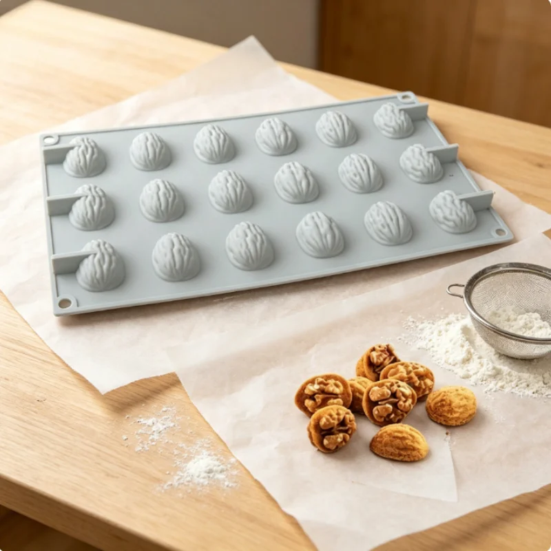 1 moule à gâteau en noyer à 18 cavités, symbole de sagesse et de récolte, outil à texture naturelle.