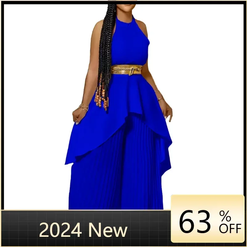 

Women Pleated Maxi Skirts Pants Set and Halter Neck Irregular Cocktail Dress Tops 2024 Sexy Party Two 2 Piece Outfits