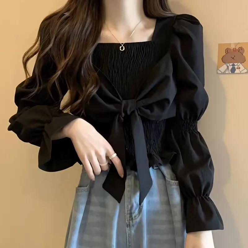 French Bow Long-sleeved Shirt 2023 New Spring Autumn Women Blouse Casual Chiffon Tops Elegant Loose Women Black White T-Shirts