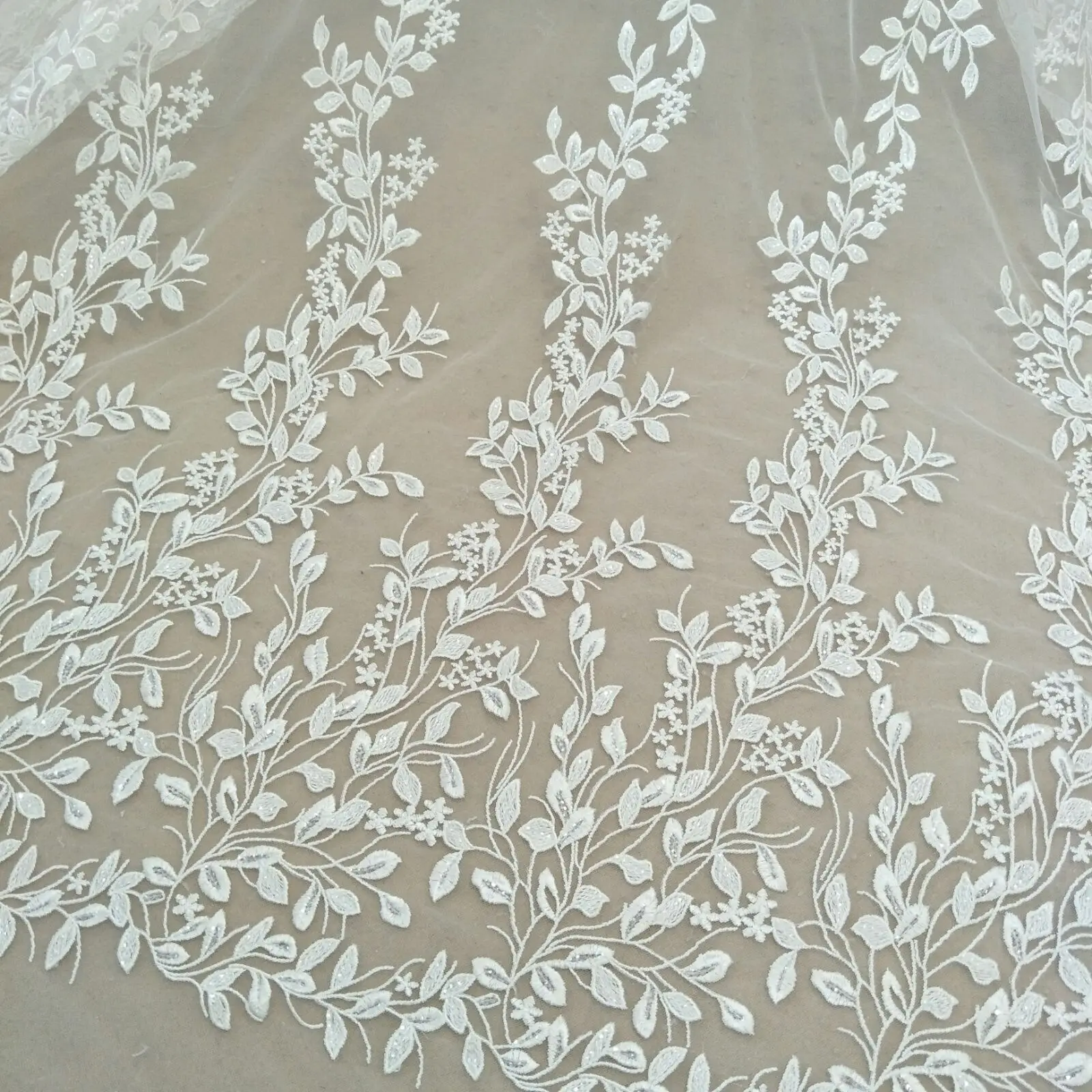 fashion leafs lace fabric with sequins 130cm width dress lace fabric sell by yard