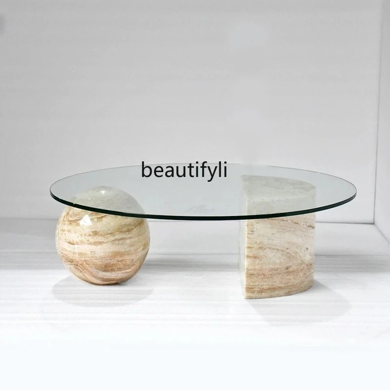 Modern simple natural marble round living room sofa coffee table small apartment glass coffee table