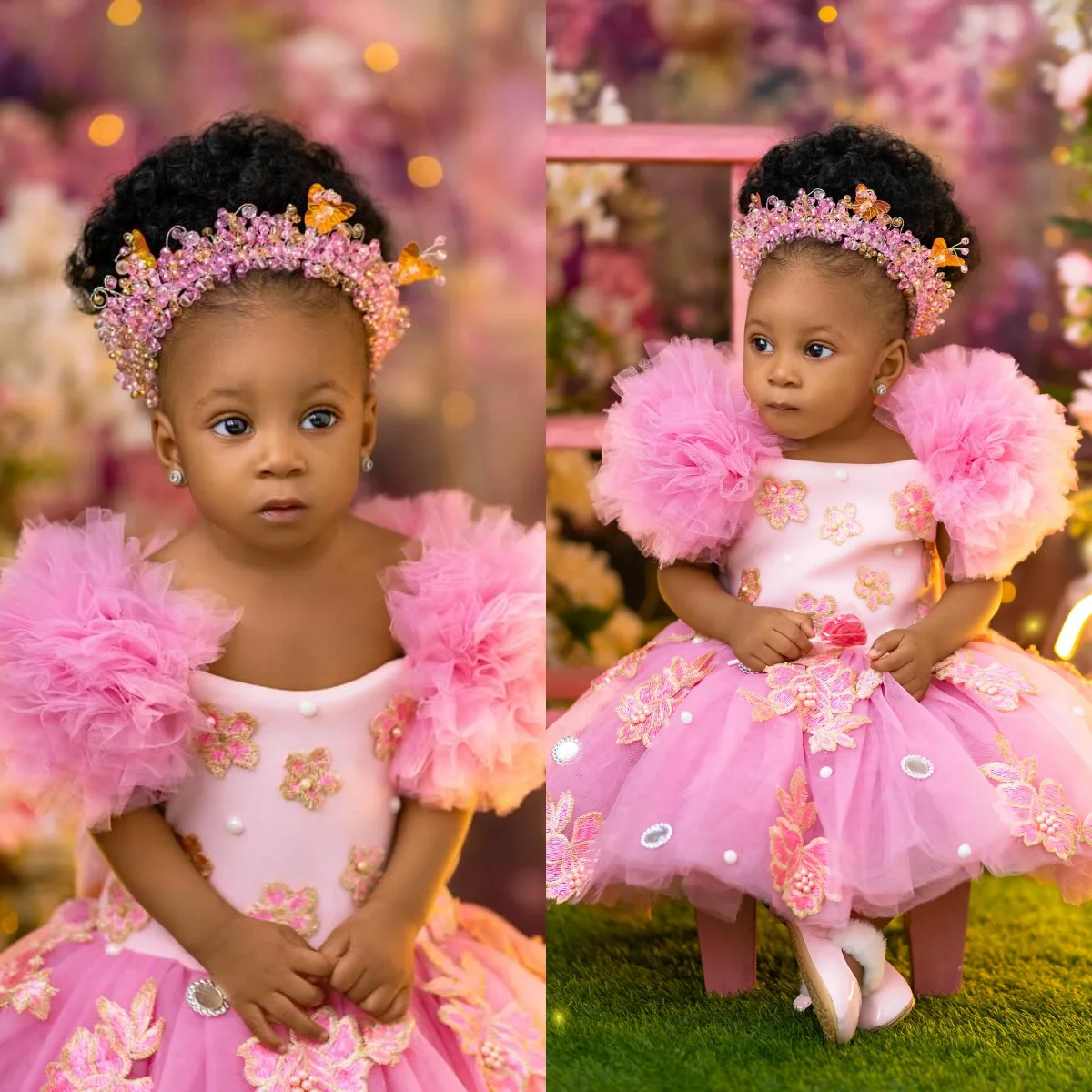 

Pink Girls Birthday Party Dresses Appliqued Knee Length Flower Girl Dresses Baby Kids Gowns for Photo Shoot Customized
