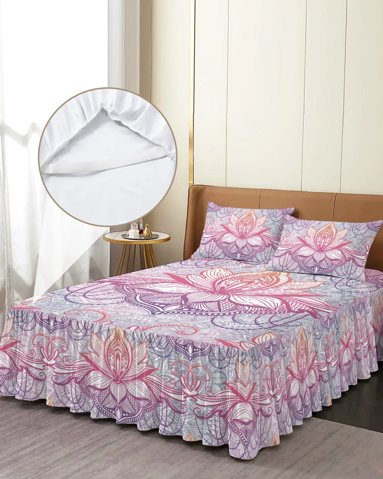 Mandala Lotus Gradient Skirt Elastic Fitted Bedspread With Pillowcases Mattress Cover Bedding Set Bed Sheet