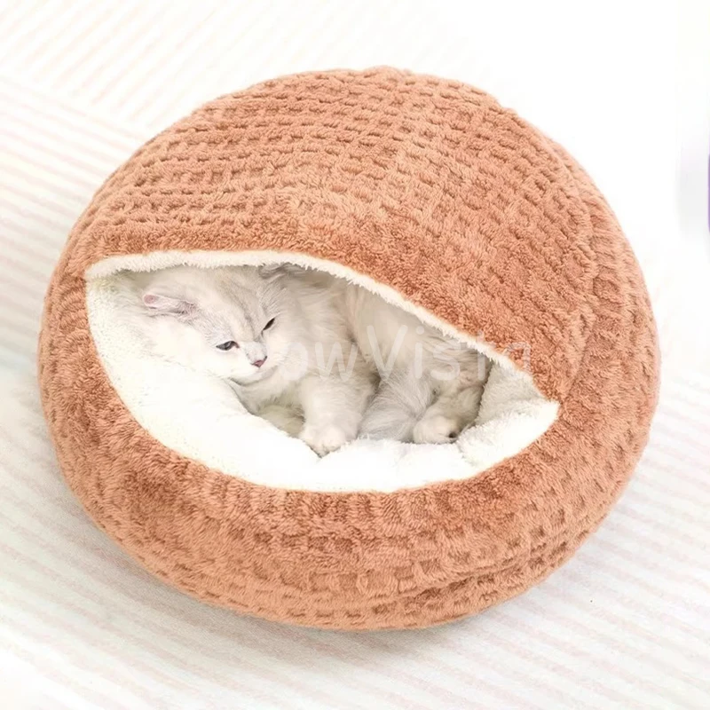 Shell Semi-Enclosed Cat Bed Kennel Soft Thick Fluffy Plush Round Pet Nest Winter Warm Cozy Sleeping House for Cats Puppies