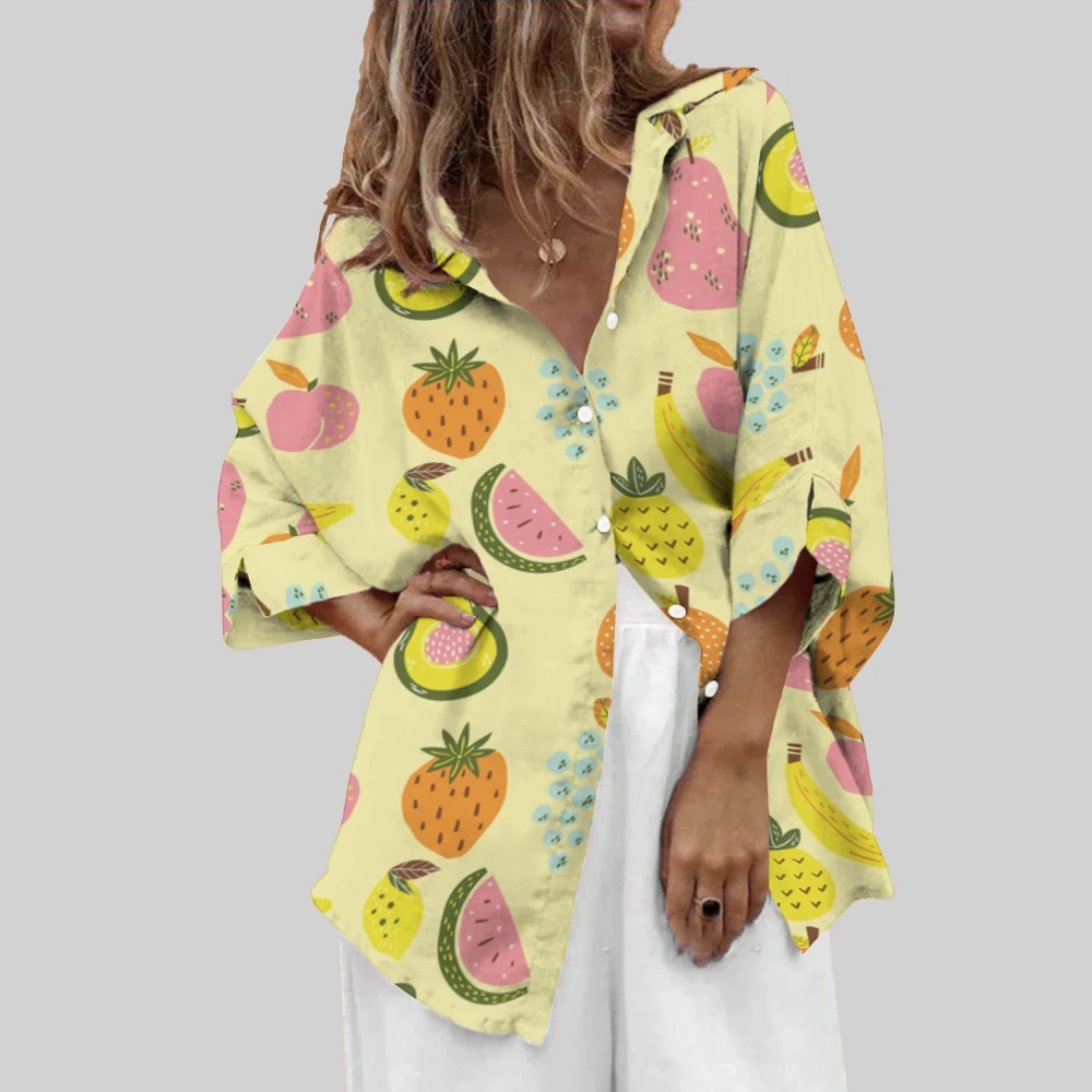 

Fresh Fruit Printing Women's Printed Casual Shirt Hawaii Beach Summer Women Casual Polo Collar Long Sleeved Shirt Tropical Fruit