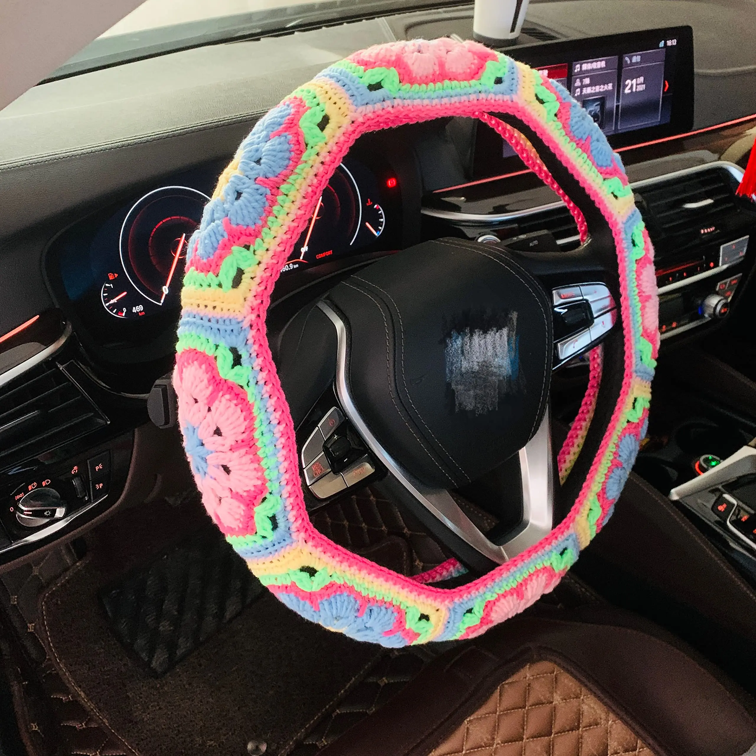 

Handmade Crochet Steering Wheel Cover Soft Cotton Floral Design For Adult Car Interior Decor