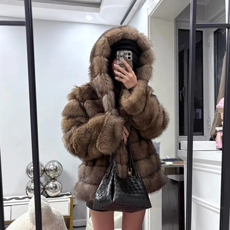 Winter Fashion Girls Faux Mink Faux Fox Artificial Fur Coat Thick Warm Outerwear With Hood Fluffy Faux Sable Fur Jacket Women