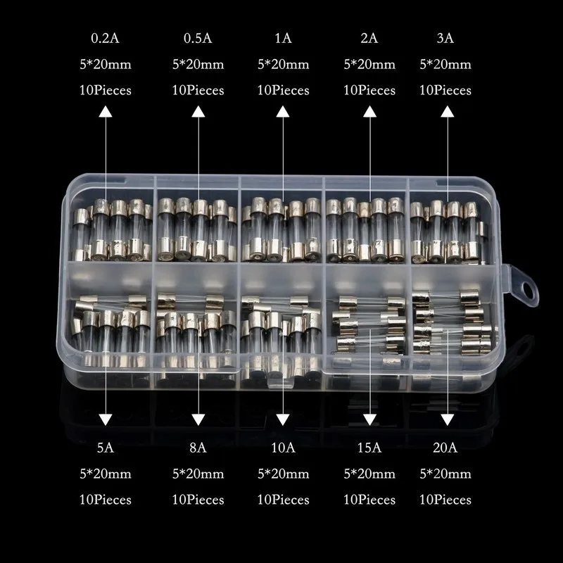 100PCS 5x20mm Quick Blow Glass Tube Fuses 250V 0.2A 0.5A 1A 2A 3A 5A 8A 10A 15A 20A Assorted Kits Fast-blow Glass Fuses Sets