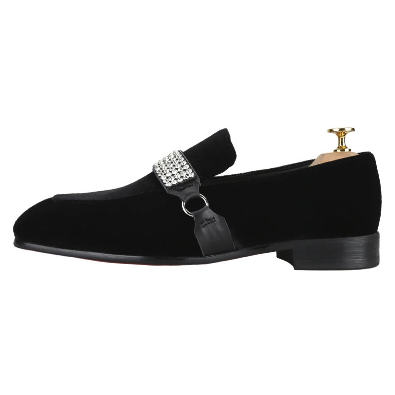 Piergitar Premium Black Velvet Men's Loafers For Party Handmade Shiny Crystal Strap Slip-On Classic Moccasins Red Color Bottom