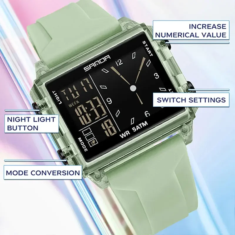 SANDA модные электронные аналоговые мужские и женские часы, водонепроницаемые часы с квадратным циферблатом, таймер обратного отсчета, светодиодные цифровые часы для мужчин, мировое время