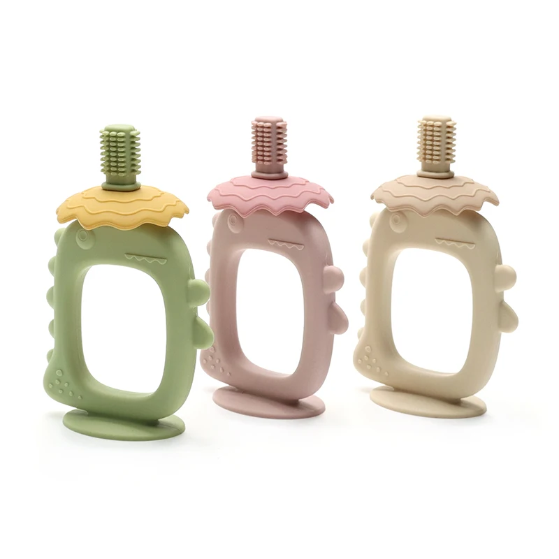 Massaggiagengive in silicone con dinosauro 2 in 1 per neonati Spazzolino da denti Articoli per neonati Giocattoli per dentizione masticabili per neonati dei cartoni animati Roba per bambini senza BPA