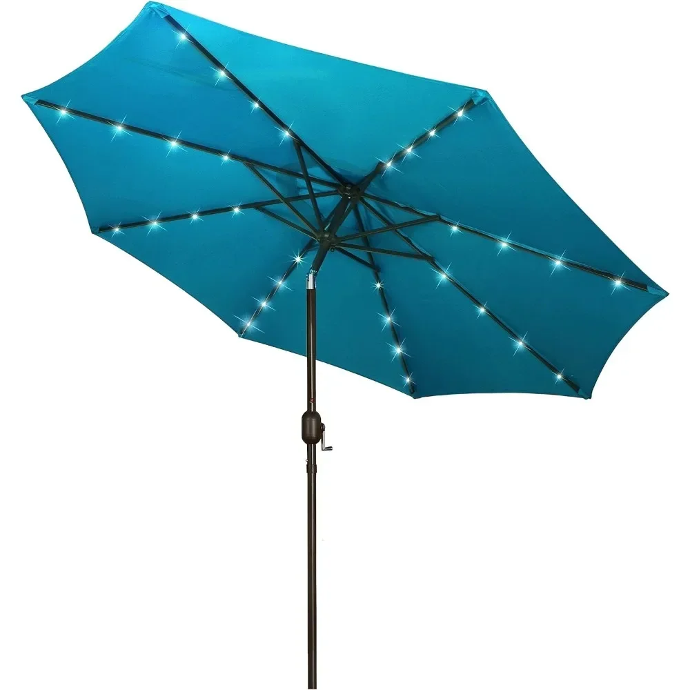 

9 ft Solar Umbrella 32 LED Lighted Patio Umbrella Table Market Umbrella with Tilt and Crank Outdoor sunshade(Cerulean)