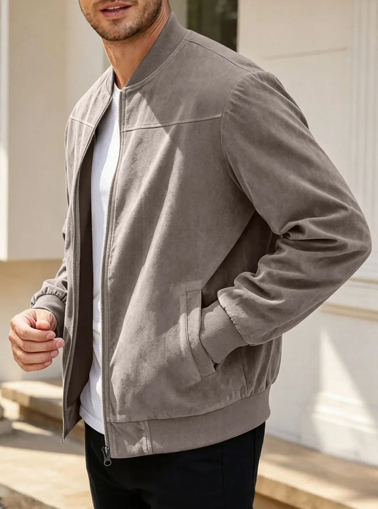 Herren-Wildlederjacke mit durchgehendem Reißverschluss, Stehkragen, lässig, langärmelig, einfarbig, leichte Streetwear-Oberbekleidung – Detail 14