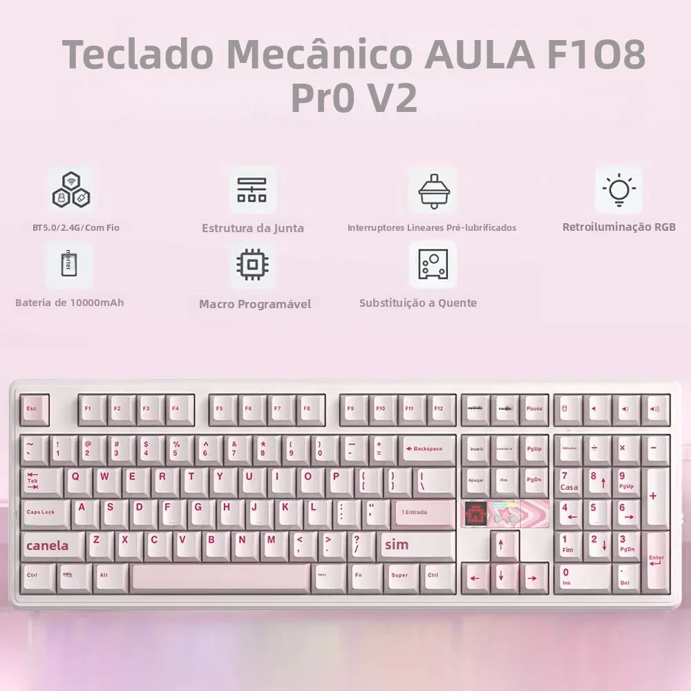 Teclado Gamer Sem Fio AULA F108 Pro V2 com Taxa de Polling de 8KHz, Bateria de 10000mAh, Tri-Modo, 100% Tamanho Normal, RGB, Hot-swap, Gasket, Tela TF