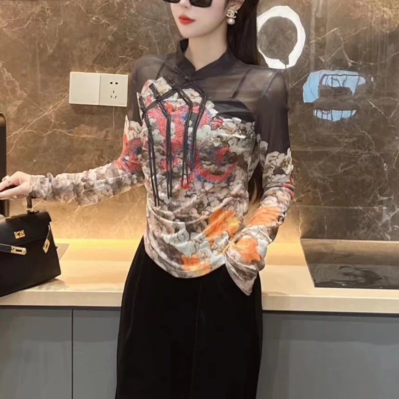 Women's Autumn New Stand Up Collar Pullover Fashionable and Elegant Lace Button Printed Thin T-shirt Long Sleeve Versatile Tops