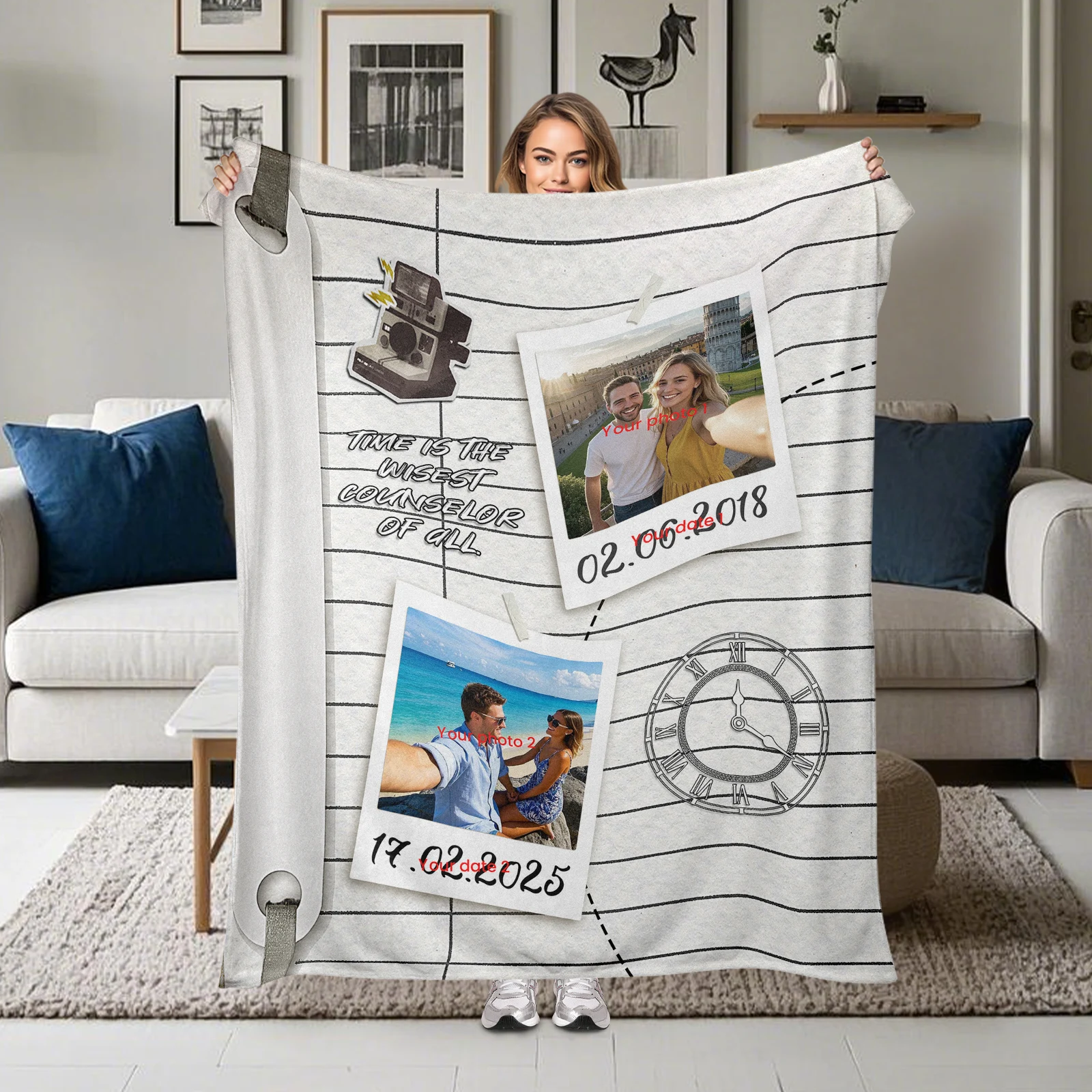 

Customize A Blanket Using Two Photos With Gratitude-Expressing Texts Next To Each Photo For Loved Ones