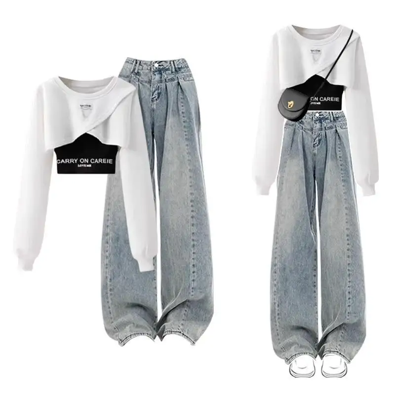 Spring and Autumn Fashion Women\'s Set 2024 New Style Slimming Layup Top with Suspender Denim Wide Leg Pants Three Piece Set