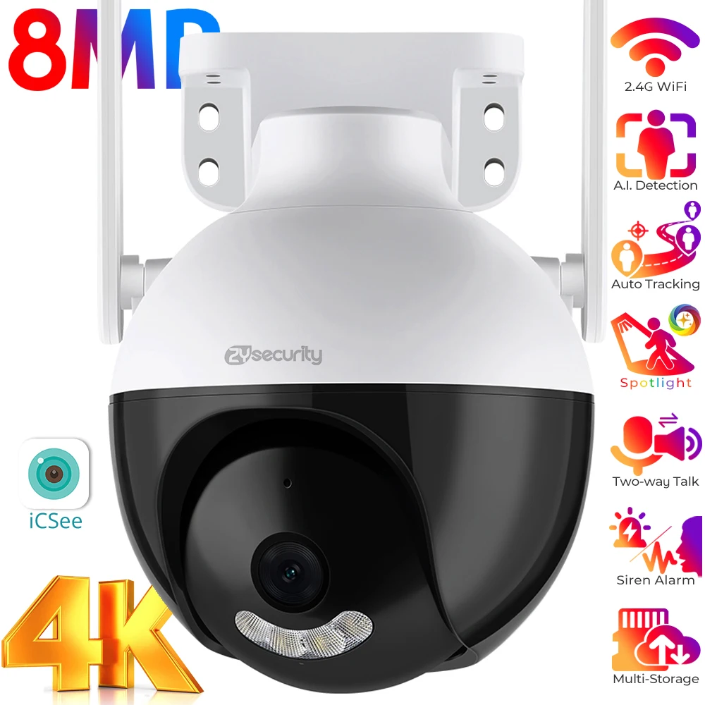 Outdoor 4K 8MP WiFi PTZ Security Camera Auto Tracking Human Detect IP Camera Color Night Vision Video Surveillance Cameras iCSee