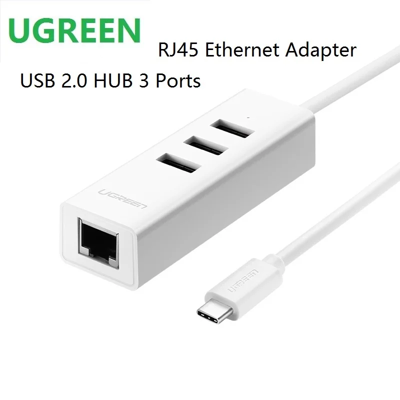 Ugreen USB نوع C إلى محول إيثرنت USB2.0HUB 3 منافذ RJ45 بطاقة الشبكة Lan لخط تحويل ماك بوك USB-C Type-C