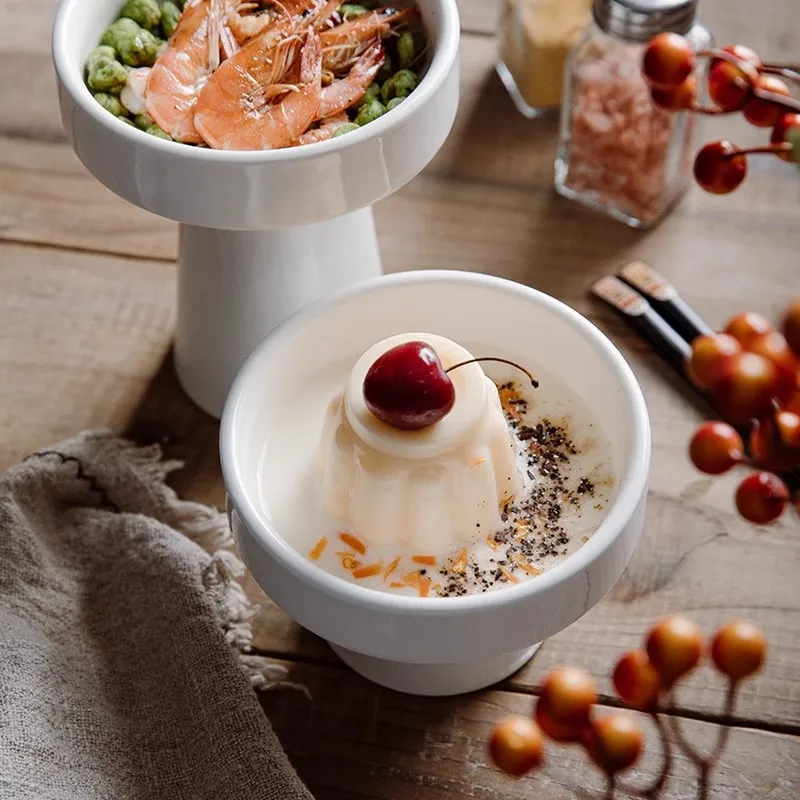 

Pure White Ceramic Footed Bowl High Plate Creative Dish Display Plate for Hotel Restaurant Dessert
