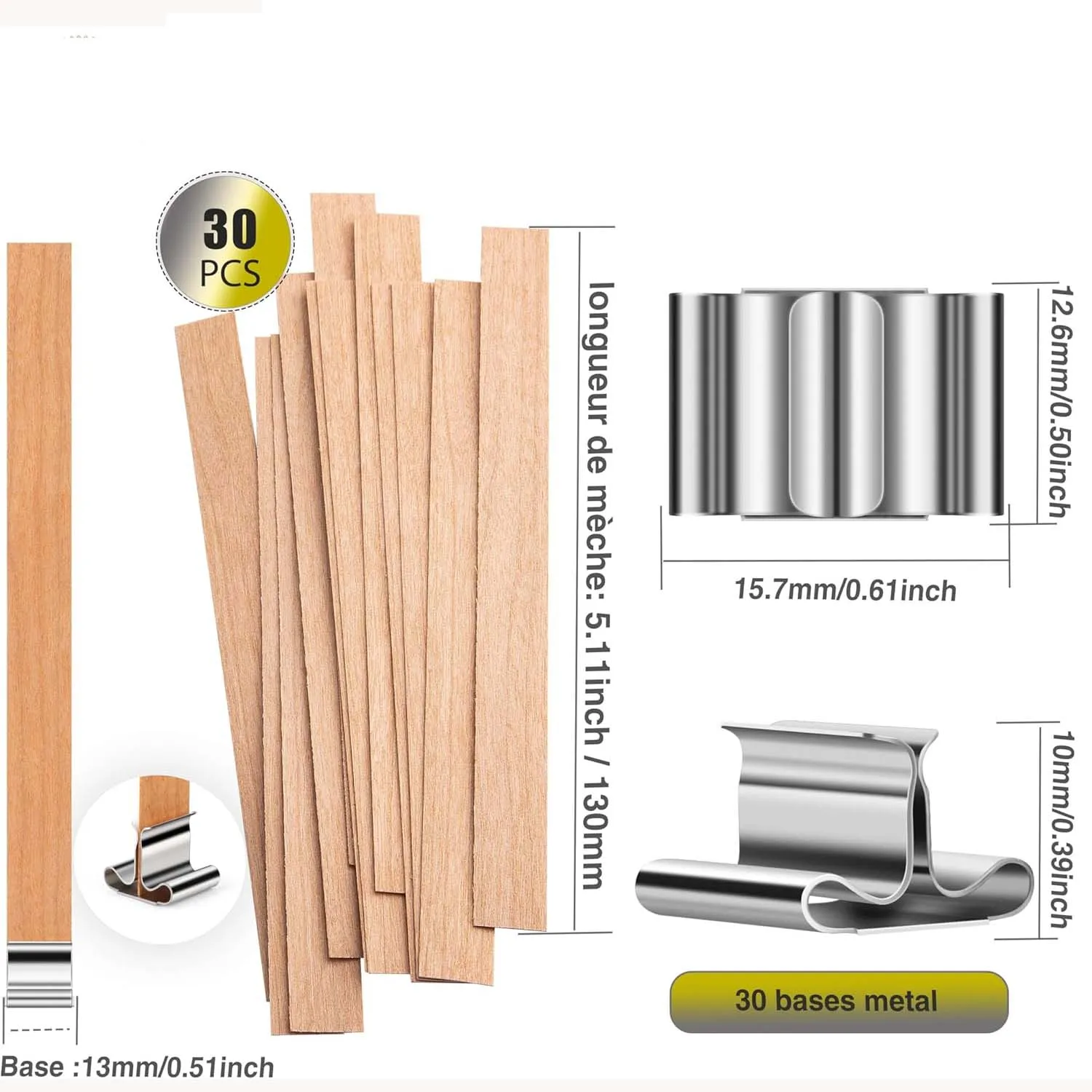 Houten kaarsenpit x30 + 30 metalen kaarsenpitten 13 cm - Natuurlijke houten kaarsenpitten Kaarsaccessoire