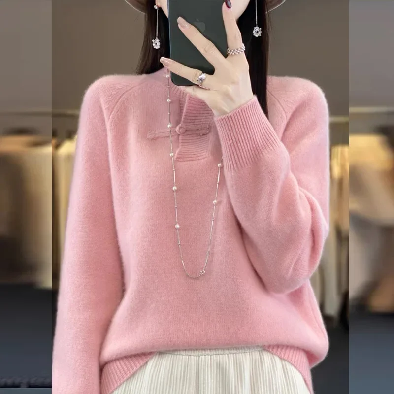 New Chinese Style Knitwear Pullover Sweater Women's High-End Feel Stylish Pure Wool Knit Base Layer Crew Neck Pattern