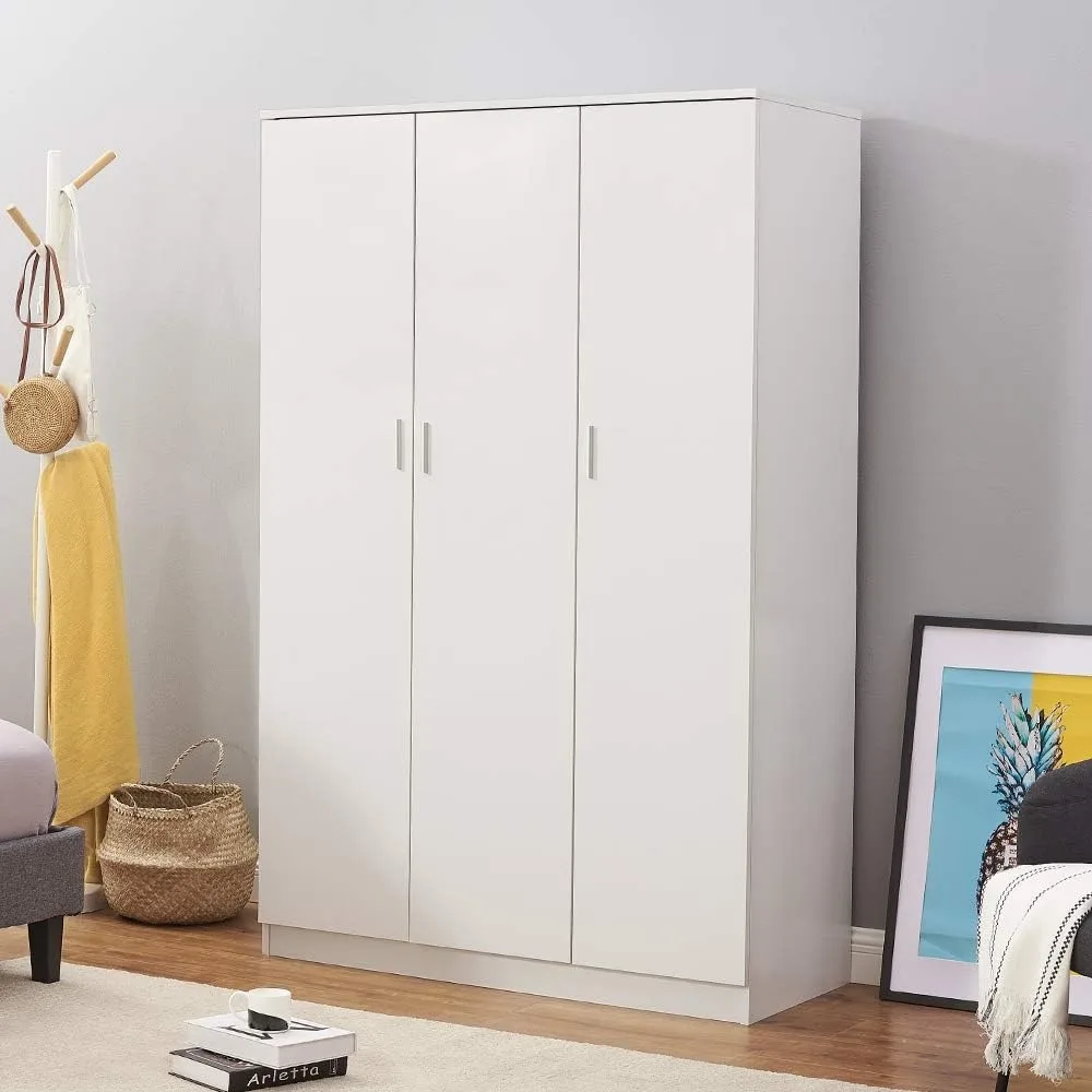 3 Door Armoires Wardrobe Closet with Clothes Hanging Rail, 6 Storage Shelves Cupboard Unit Bedroom Furniture