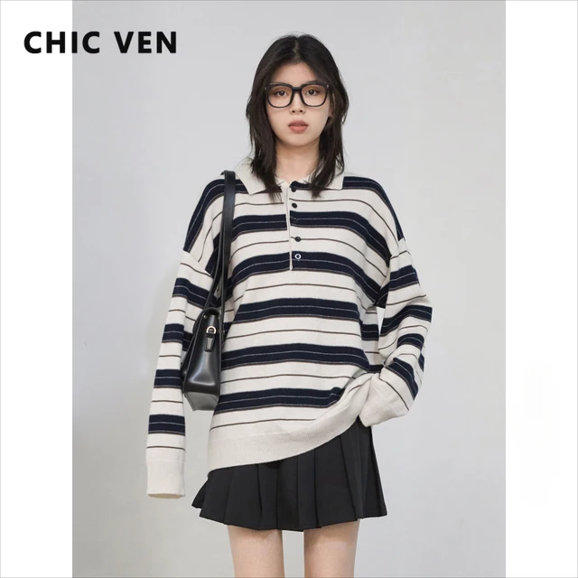 Swetry damskie CHIC VEN Luźne swetry damskie New College Style Polo Collar Dzianinowe swetry damskie z długim rękawem w paski Wiosna Jesień 2025