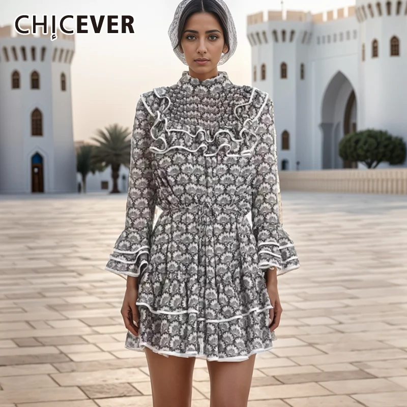 

CHICEVER Elegant Hit Color Dress For Women Stand Collar Flare Long Sleeve High Waist Spliced Ruffled Midi Dresses Female Style