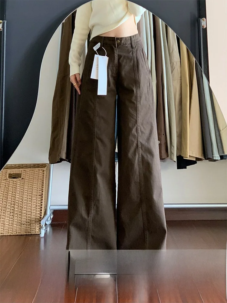 

Ретро-джинсы американского стиля с высокой талией, свободные, коричневые, женские, летние, для создания эффекта стройности, прямые, широкие штанины