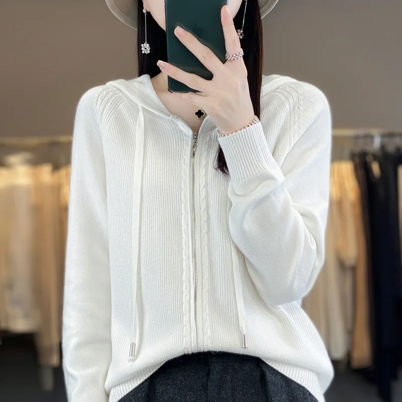

Women's Zipper Hoodie Cardigan 100% Merino Wool Sweater Thick Casual Simple Style Sweater Autumn Winter Korean Popular Clothing