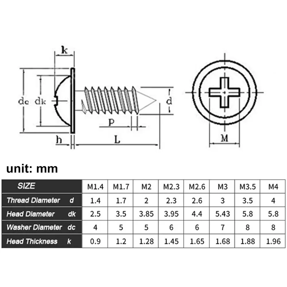50-200pcs M1.4~M4 Mini Black Carbon Steel Phillips PWA Cross Round Head Self Tapping Screws with Washer