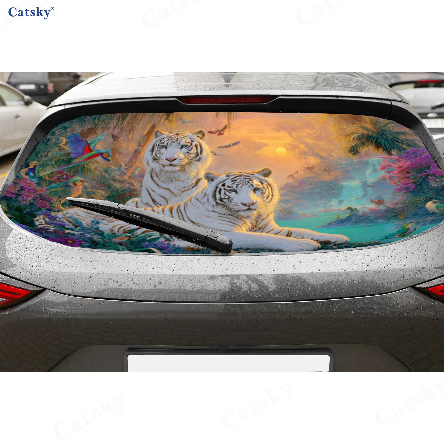 Jungle White Tiger Bird Flower PVC Perforated Car Vinyl Wraps, Durable Car Windshield Sticker, Waterproof Car Window Decal