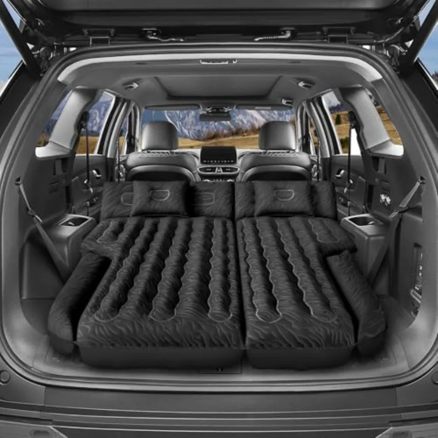 

SUV air mattress for travel camping sleeping bed, double-sided flocking polyester fabric, gray/black, includes built-in air pum