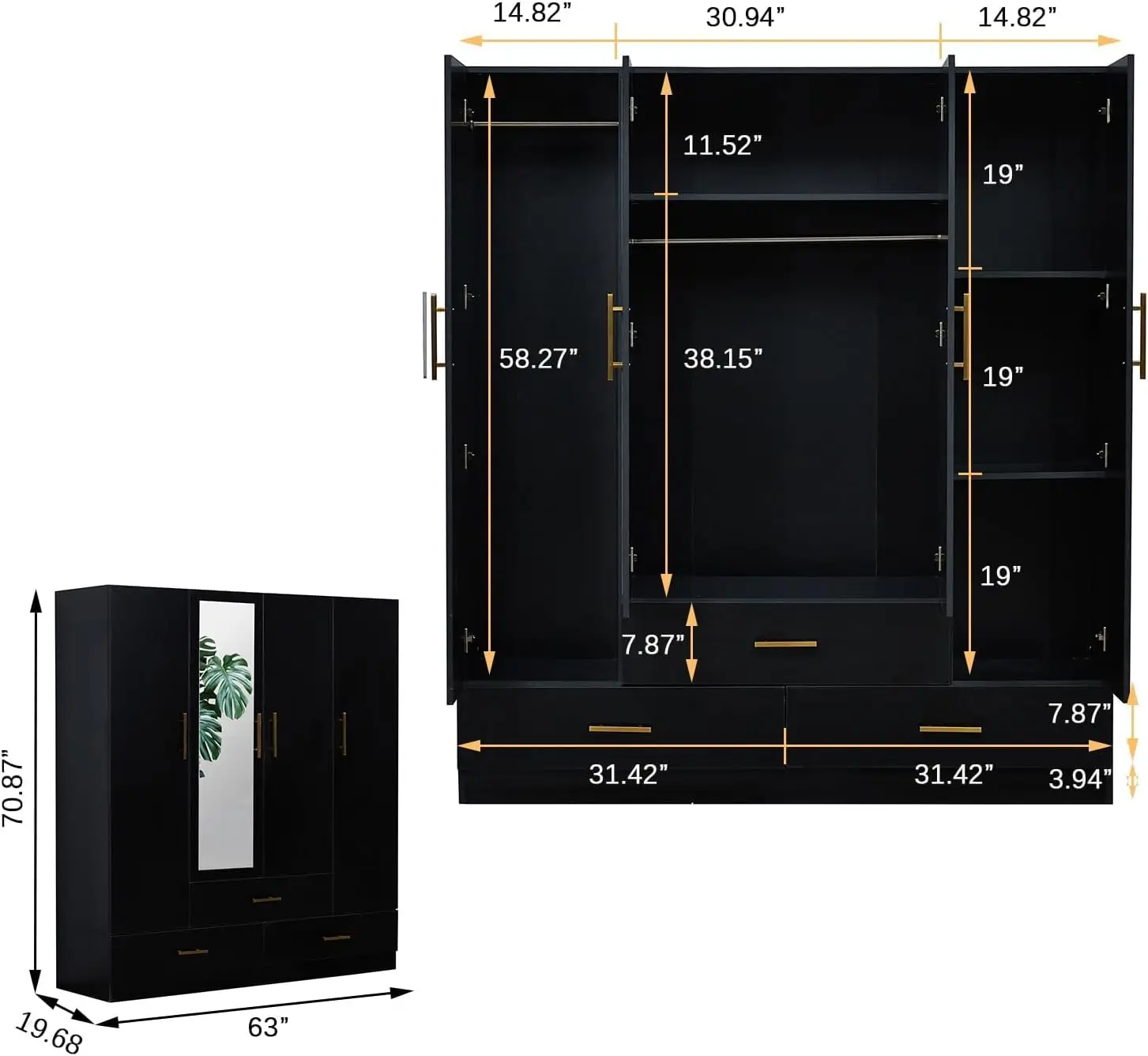 Wardrobe Closet with Door 4 Door Wardrobe Closet Wood with Clothing Rod Inside Cabinet,Storage and Mirror,Black Bedroom Armoire