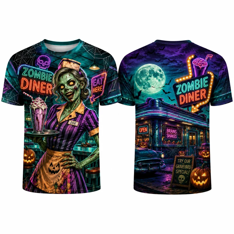 Zombie Diner Halloween T Shirt 3D Graphic Print Horror Waitress Pumpkin Short Sleeve Crew Neck Unisex Retro Party Streetwear Top