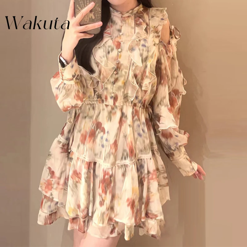 

WAKUTA Fall Japanese Retro Ruffled Collar Strapless Printed Mini Dress Casual Temperament Belt Waist Vestidos De Noche Juveniles