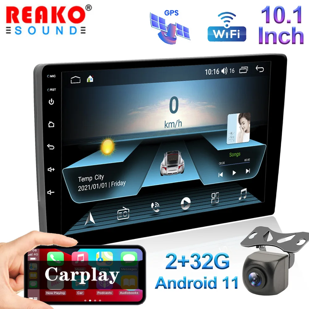 

REAKOSOUND 2+32G 2Din 10'' Andriod 11 Car Multimedia Player Carplay GPS Navigation Bluetooth Car Audio Wifi USB FM MirrorLink HD