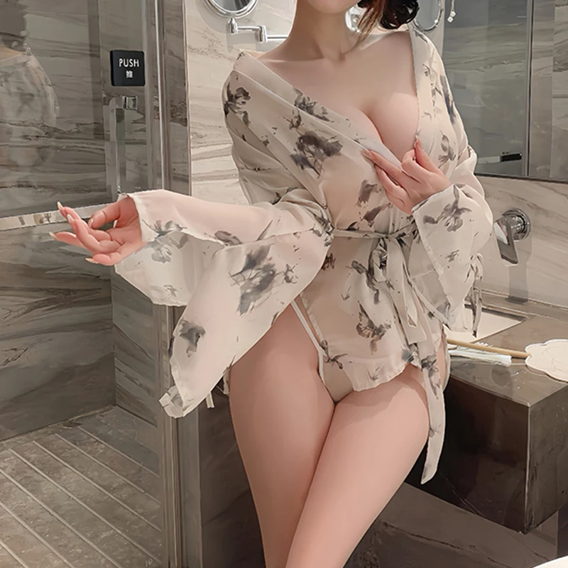 

18+XXX Sexy Underwear Sexy Butterfly Print Perspective Strap Deep V-Open Kimono Sleeprobe Non Detachable Set Erotic very hot