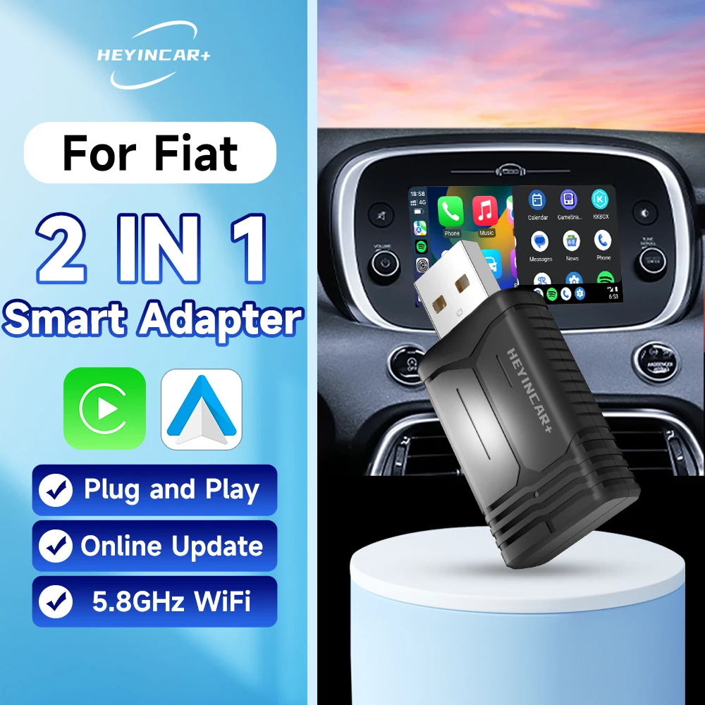 2024 New HEYINCAR 2in1 Wireless Carplay Adapter Android Auto Wireless For Fiat 500 New500 500X Argo Panda