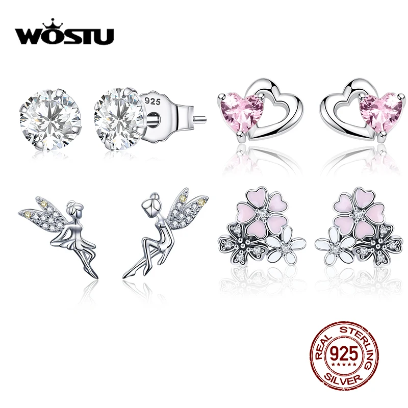 WOSTU Silver Earrings Real 925 Sterling Silver Asymmetrical Heart Hoop Earrings for Women Fashion Silver Earring Jewelry Gift